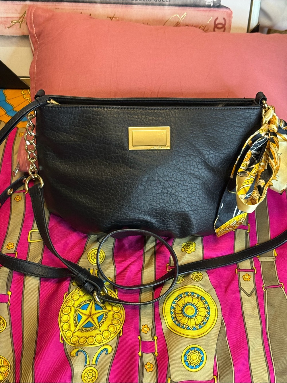 Juicy Couture Black Pebbled Crossbody  with Gold Chain & Scarf Accent